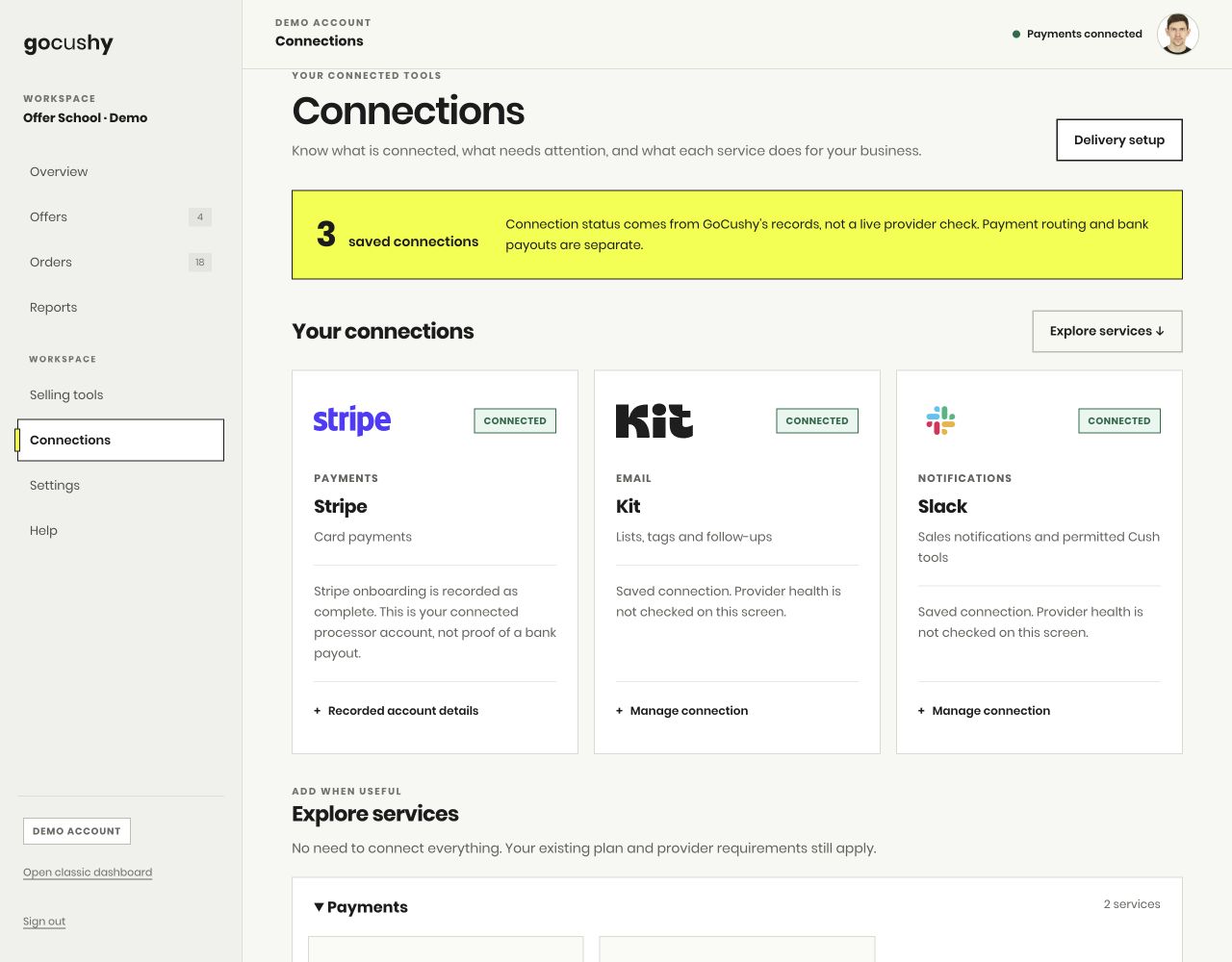 GoCushy Connections screen with Stripe, Kit and Slack