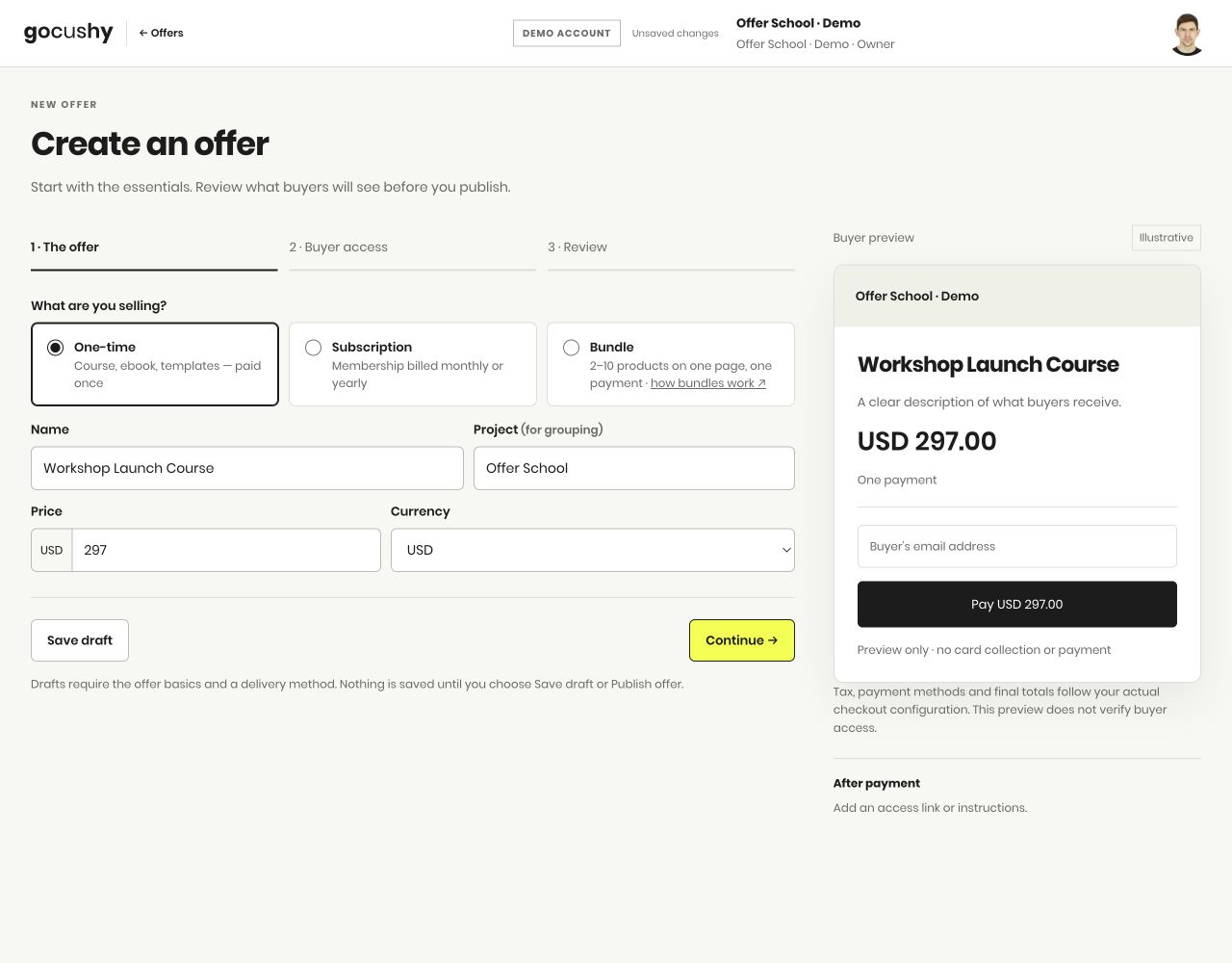 GoCushy offer setup with One-time selected, course name, price and buyer preview
