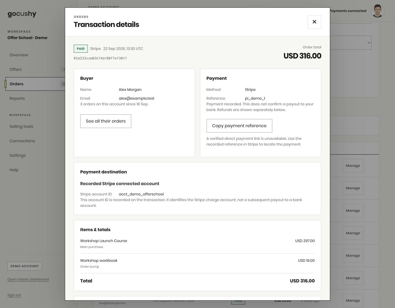 Actual transaction detail screen showing an illustrative USD 316 order, buyer and payment information