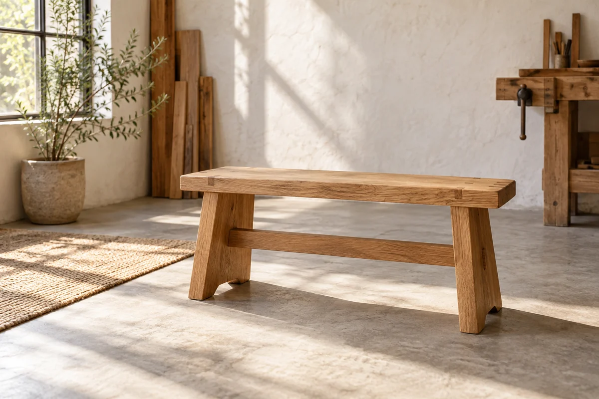 An oak bench in a sunlit woodworking workshop