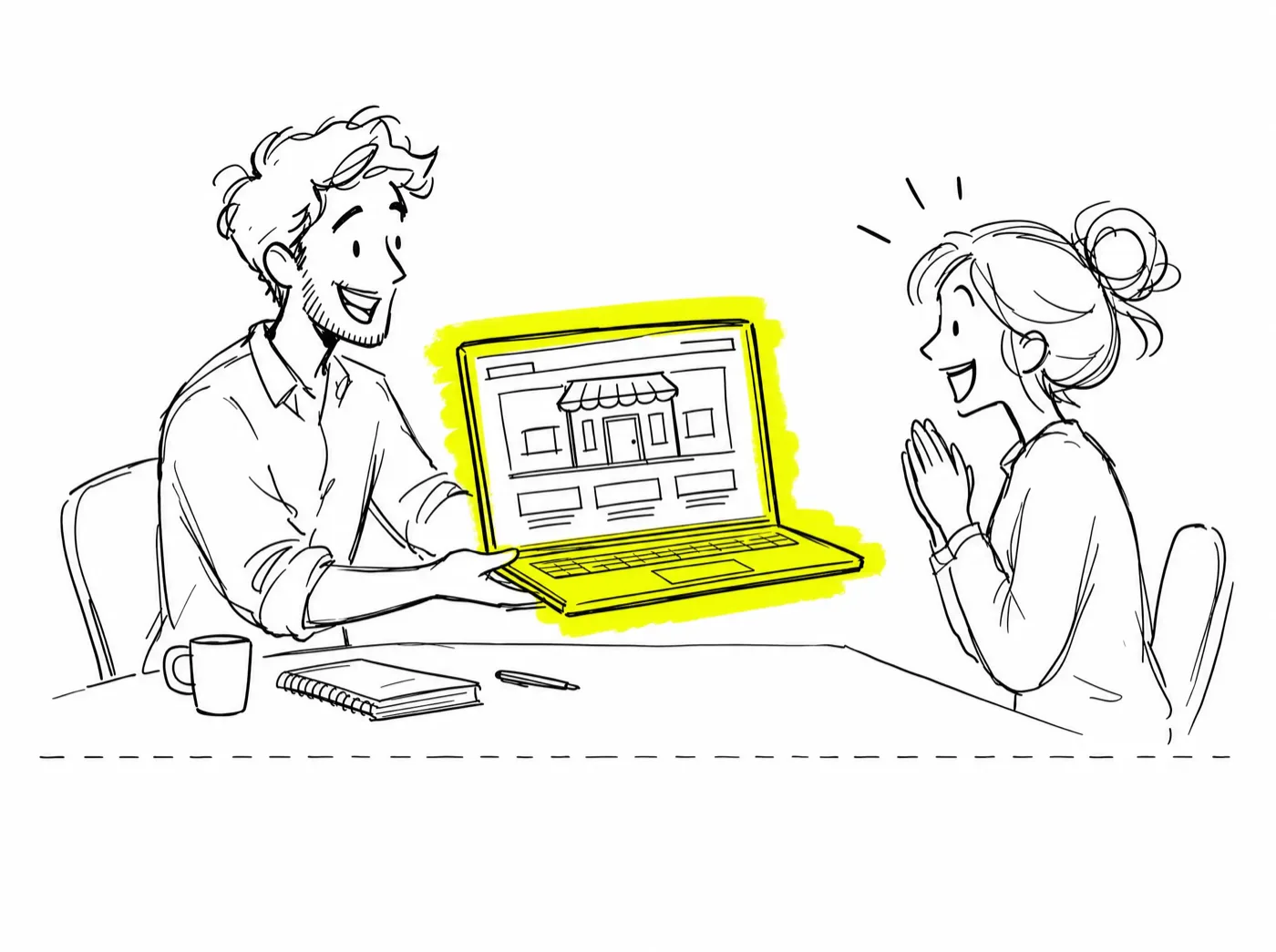 Ink sketch of an agency owner turning a laptop with a storefront checkout on its highlighted screen toward a delighted client across the table