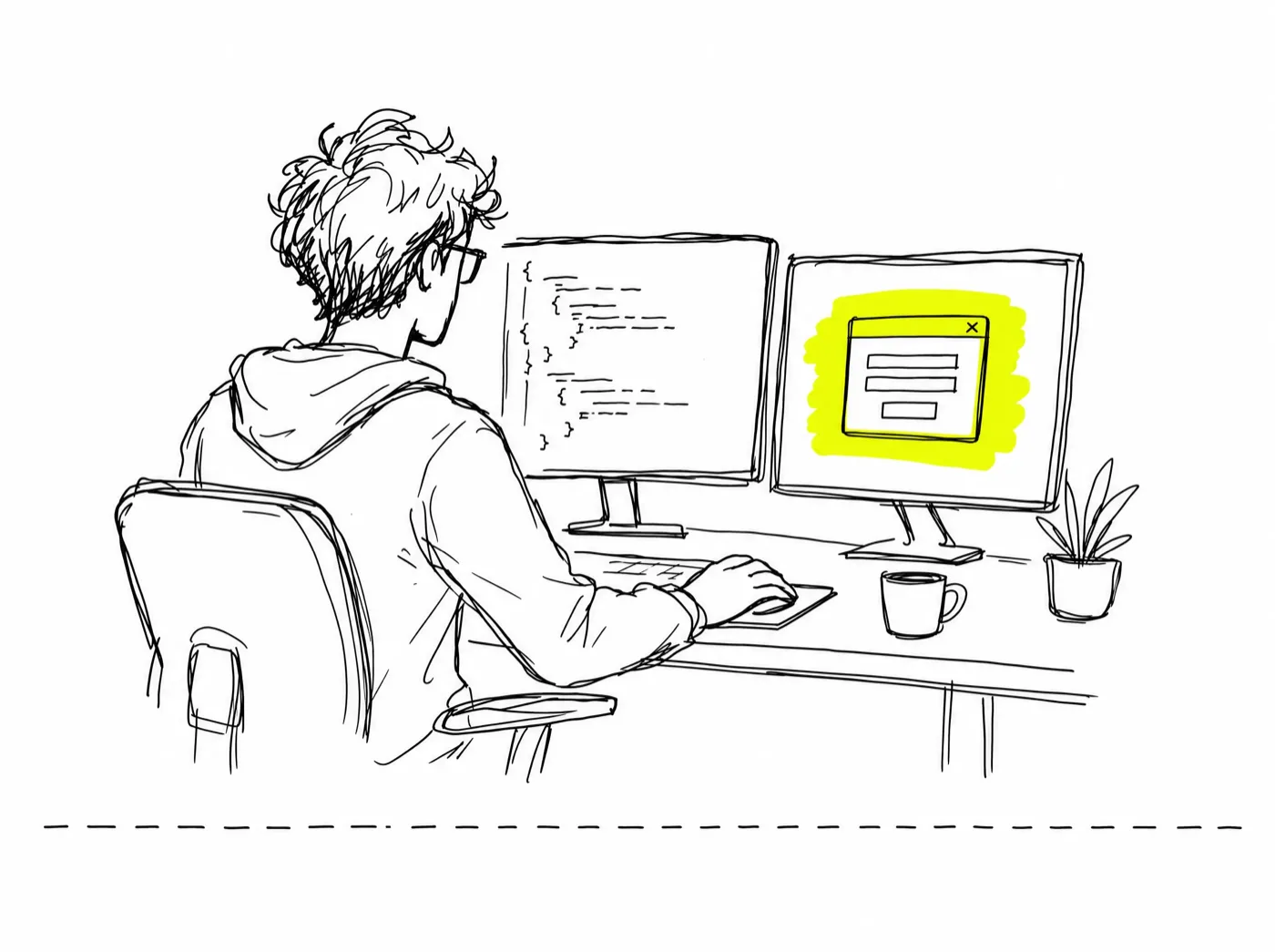 Ink sketch of a developer at two monitors, code on one screen and a small highlighted checkout window on the other