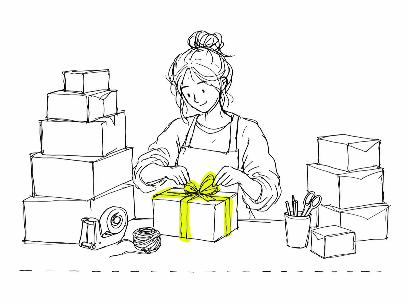 Ink sketch of a seller in an apron tying a highlighted ribbon around a parcel at a packing table stacked with boxes