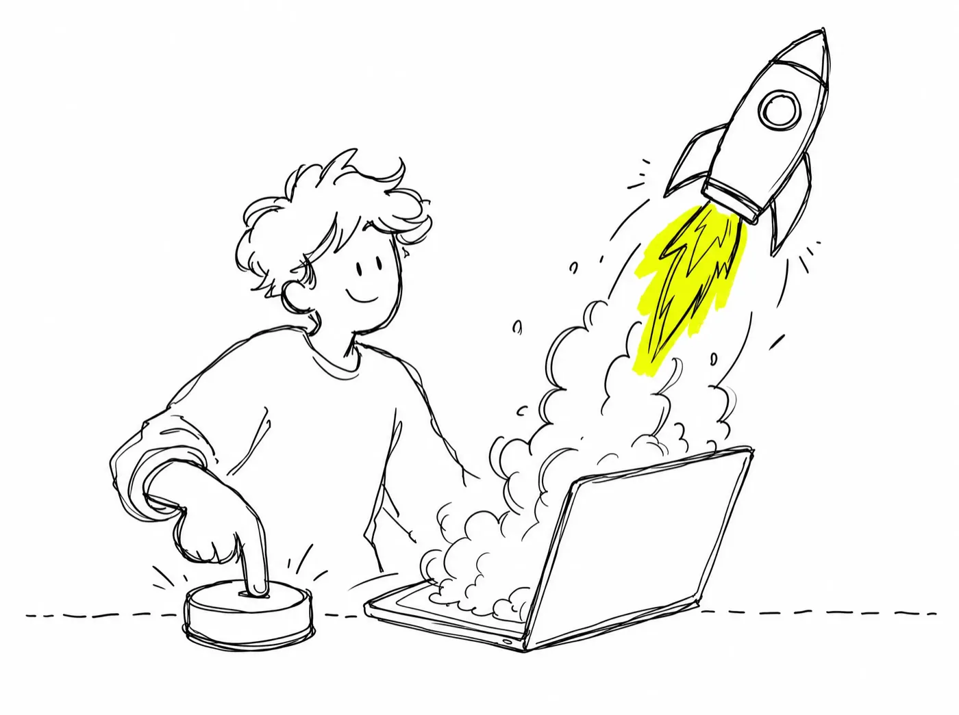 Ink sketch of a creator pressing a big launch button while a rocket with a highlighted exhaust trail lifts off from their laptop