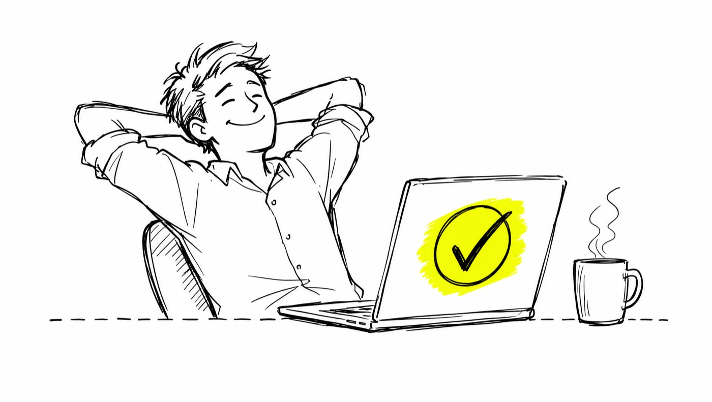 A seller leaning back with hands behind their head, smiling at a laptop showing a big highlighted tick