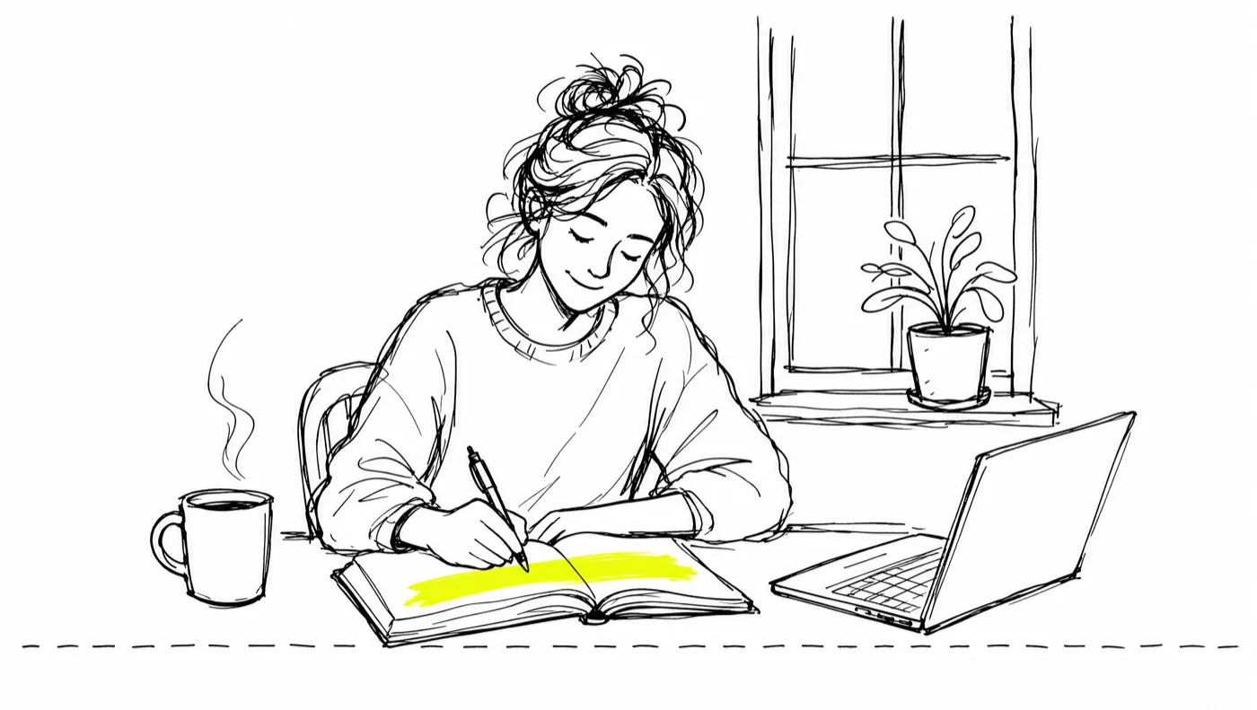 A writer at a kitchen table with a notebook, laptop and coffee, one line highlighted in yellow