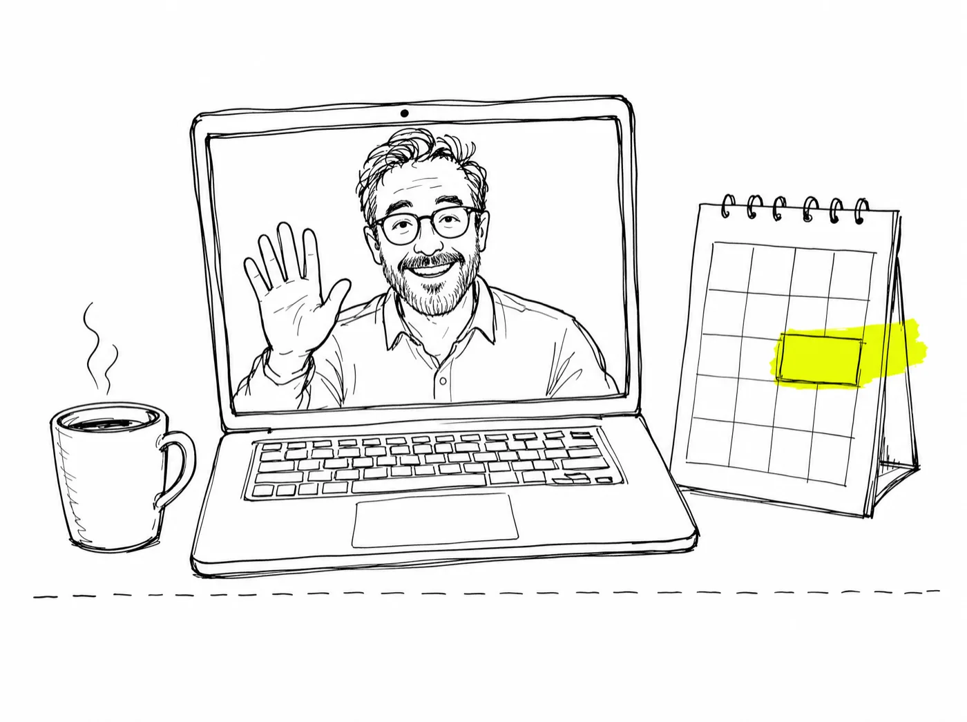 Ink sketch of a coach's laptop showing a smiling client on a video call, beside a calendar with one booked slot highlighted