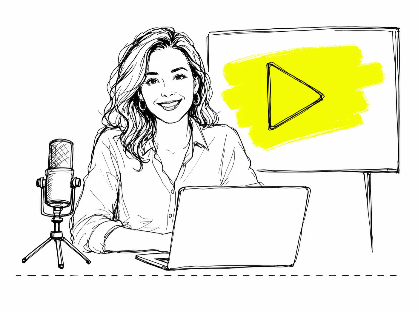 Ink sketch of a course creator recording a lesson at her desk, a play button highlighted on the screen behind her