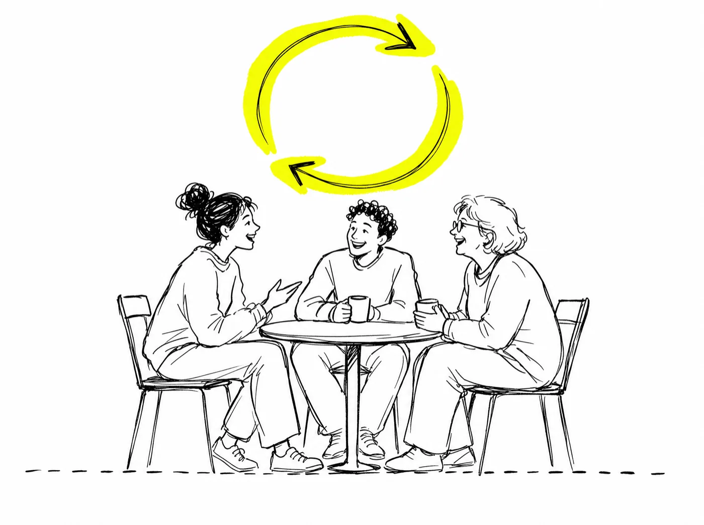 Ink sketch of three members talking around a small table beneath a circular pair of renewal arrows