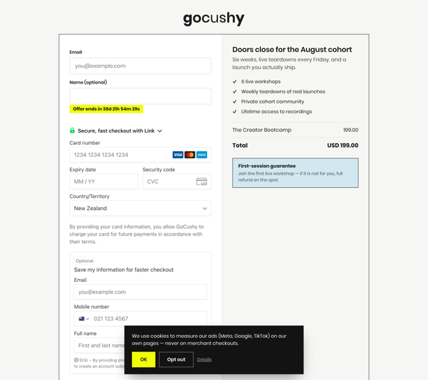 Launch countdown checkout — live demo page