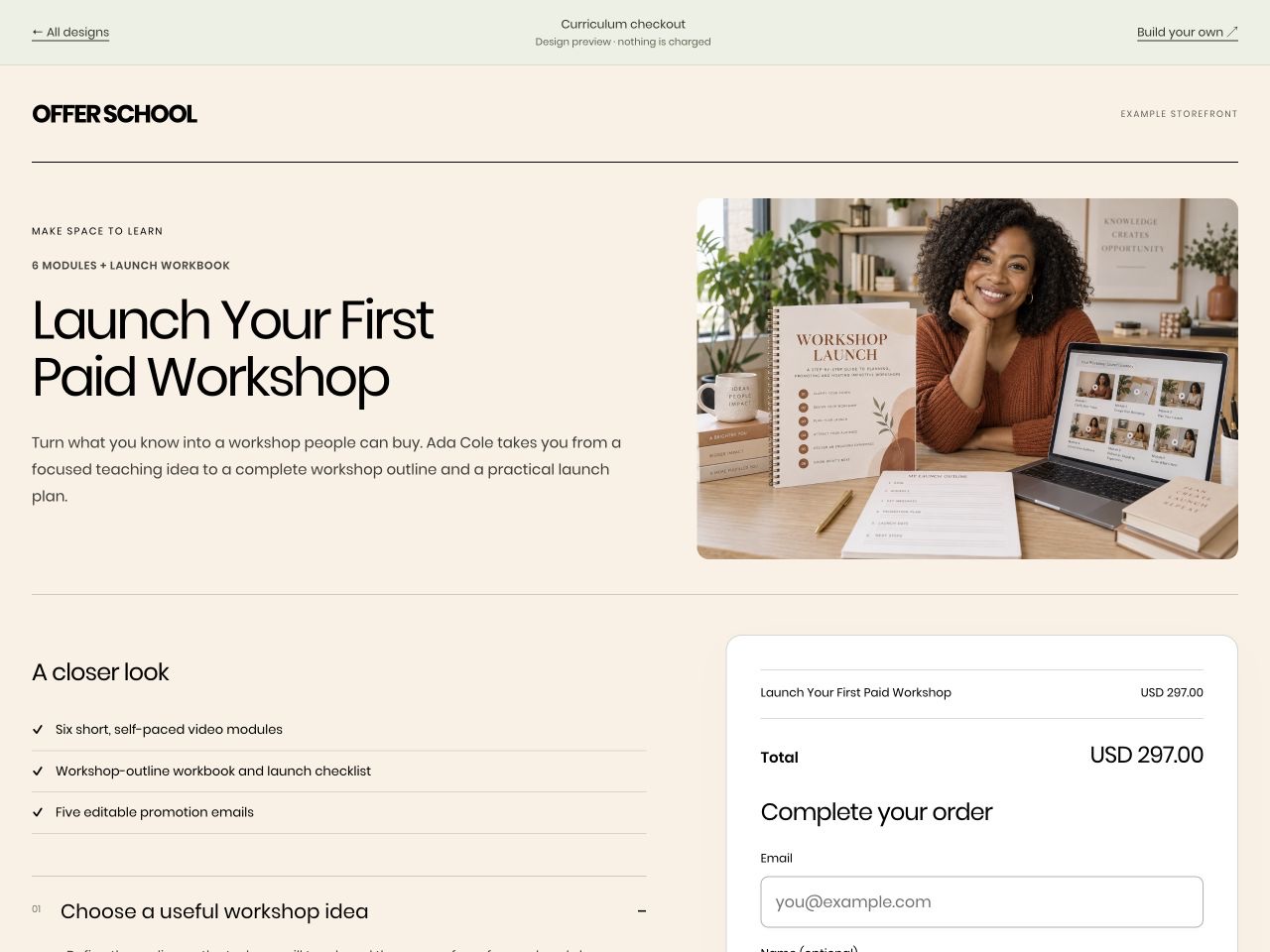 A course presented using GoCushy’s Curriculum checkout layout