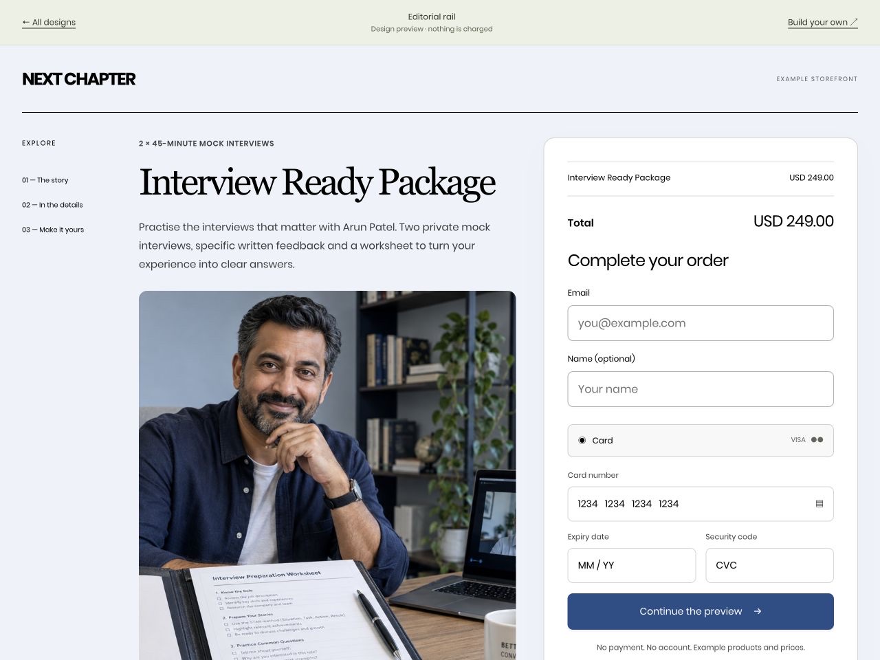 Interview Ready Package shown in GoCushy’s Editorial rail checkout layout