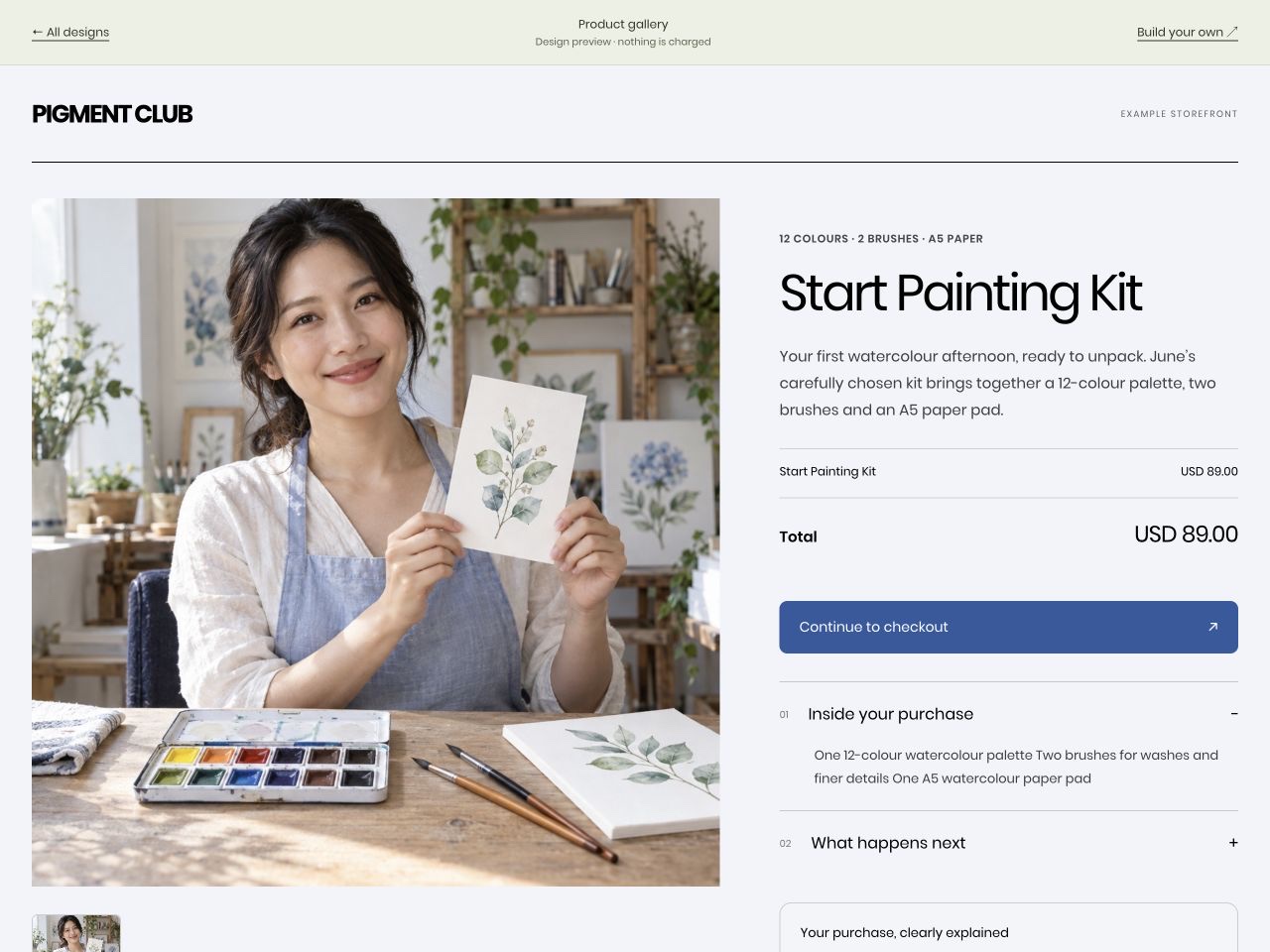 Start Painting Kit presented in the Product gallery checkout design