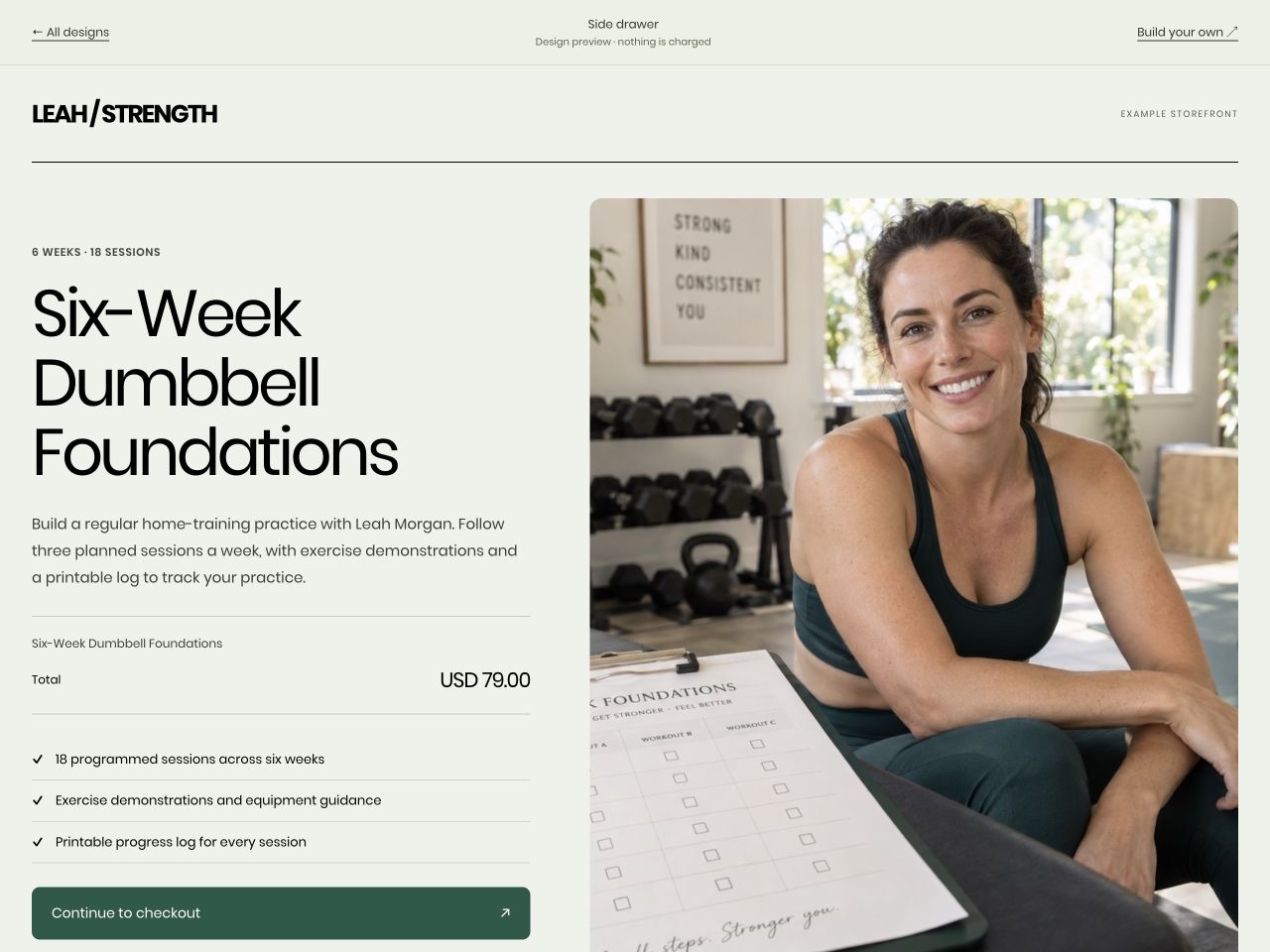 Six-Week Dumbbell Foundations checkout by LEAH / STRENGTH, US$79